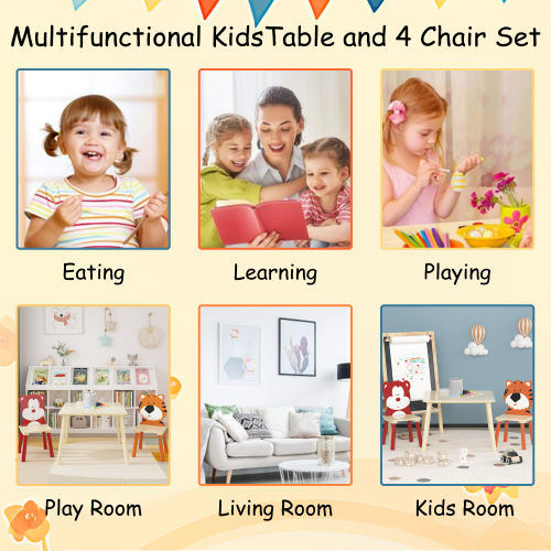 Kids Table and 2 Chairs Set, 3 Pieces Toddler Table and Chair Set, Wooden Activity Play Table Set (Lion&Monkey)、、casual