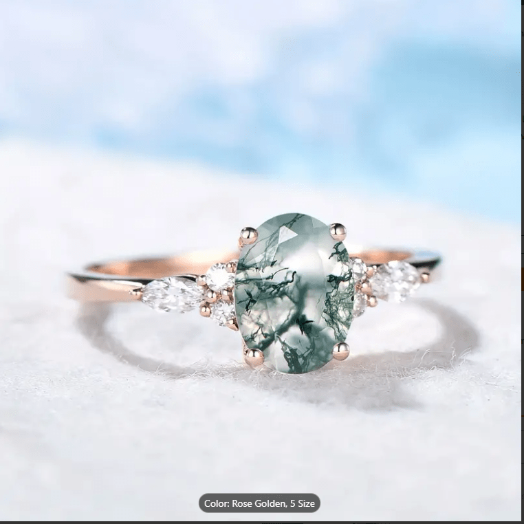 Moss Agate Ring Solitaire Rose Gold Plated Sterling Silver、mySite、g9winljtr