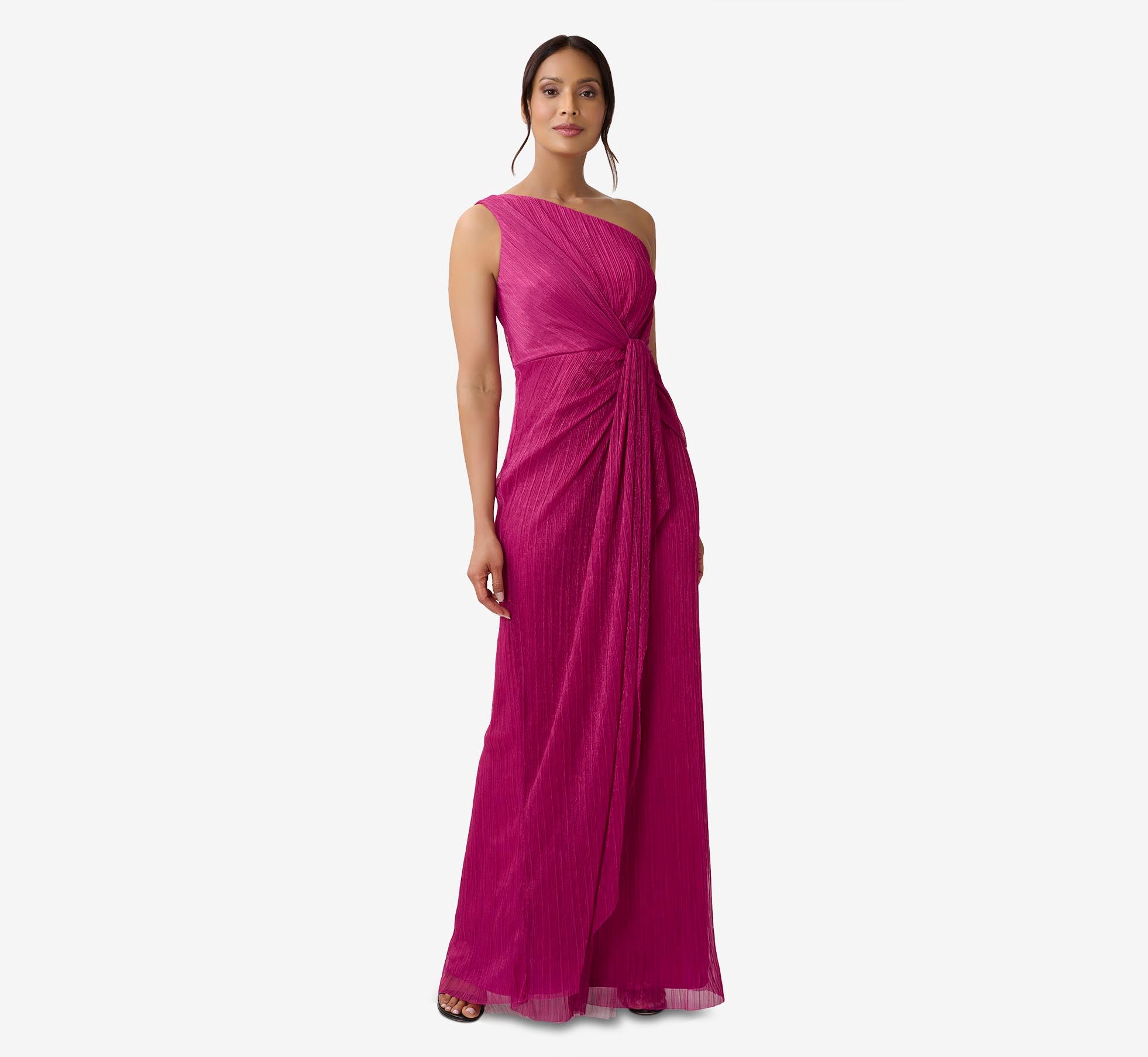 Stardust Pleated Draped One Shoulder Gown In Magenta、mySite、solidvoid