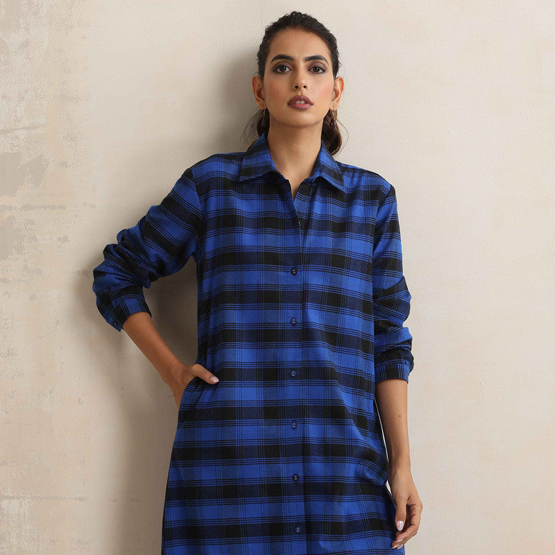 Cotton Long Shirt Dress For Women | Checkered Print | Blue、mySite、camillekostekn