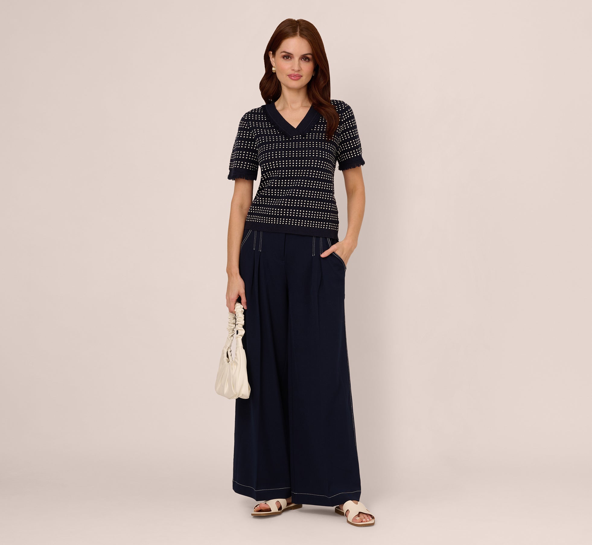 Short Sleeve Grid Knit Fringe Trim Sweater In Navy Ivory、mySite、solidvoid