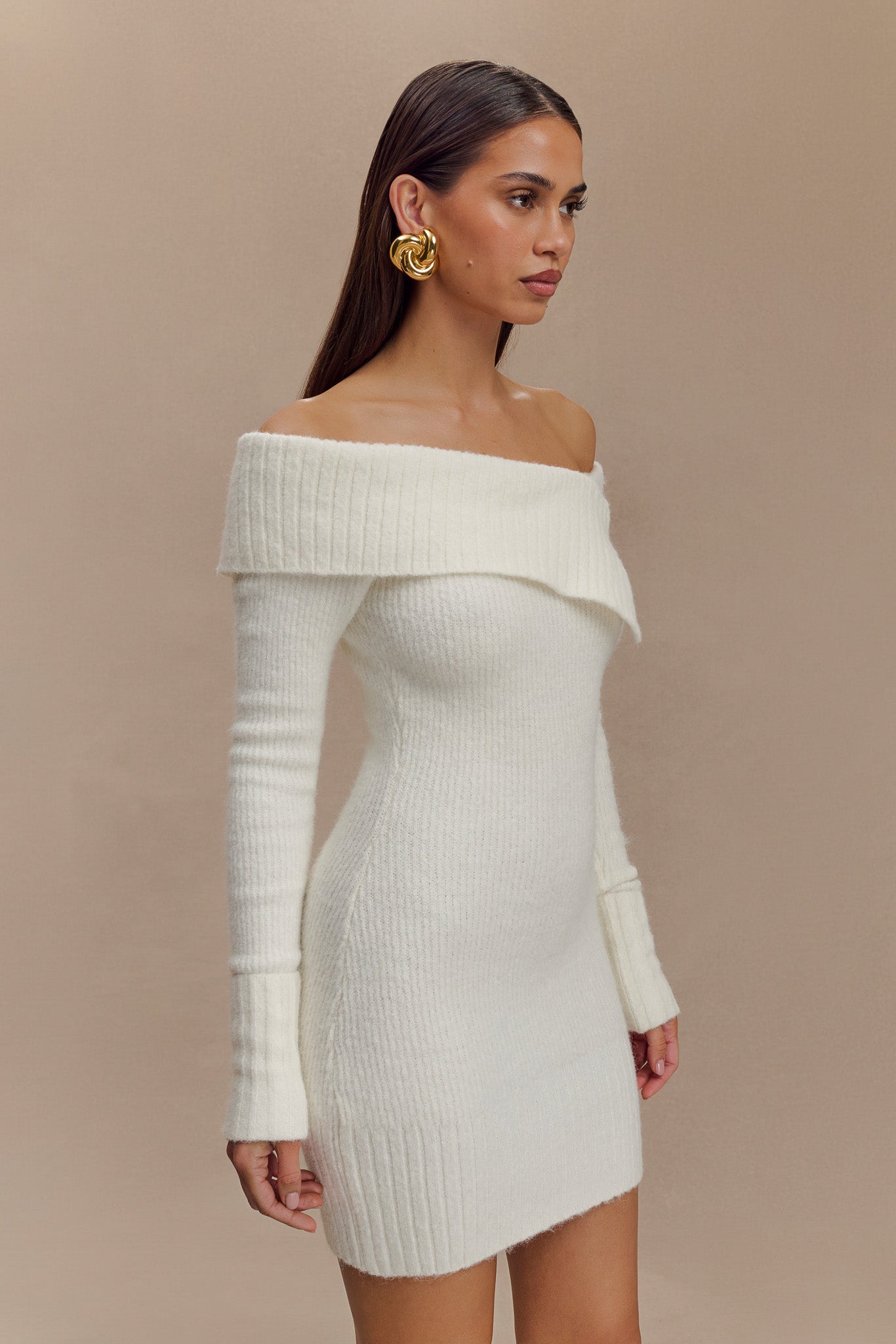 Stephanie Asymmetric Knit Mini Dress - Ivory、mySite、solidvoid