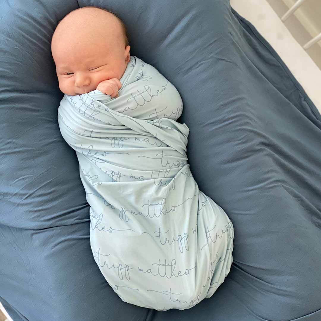  Personalized Light Dusty Blue Baby Name Swaddle Blanket - Script、mySite、layawaytickets