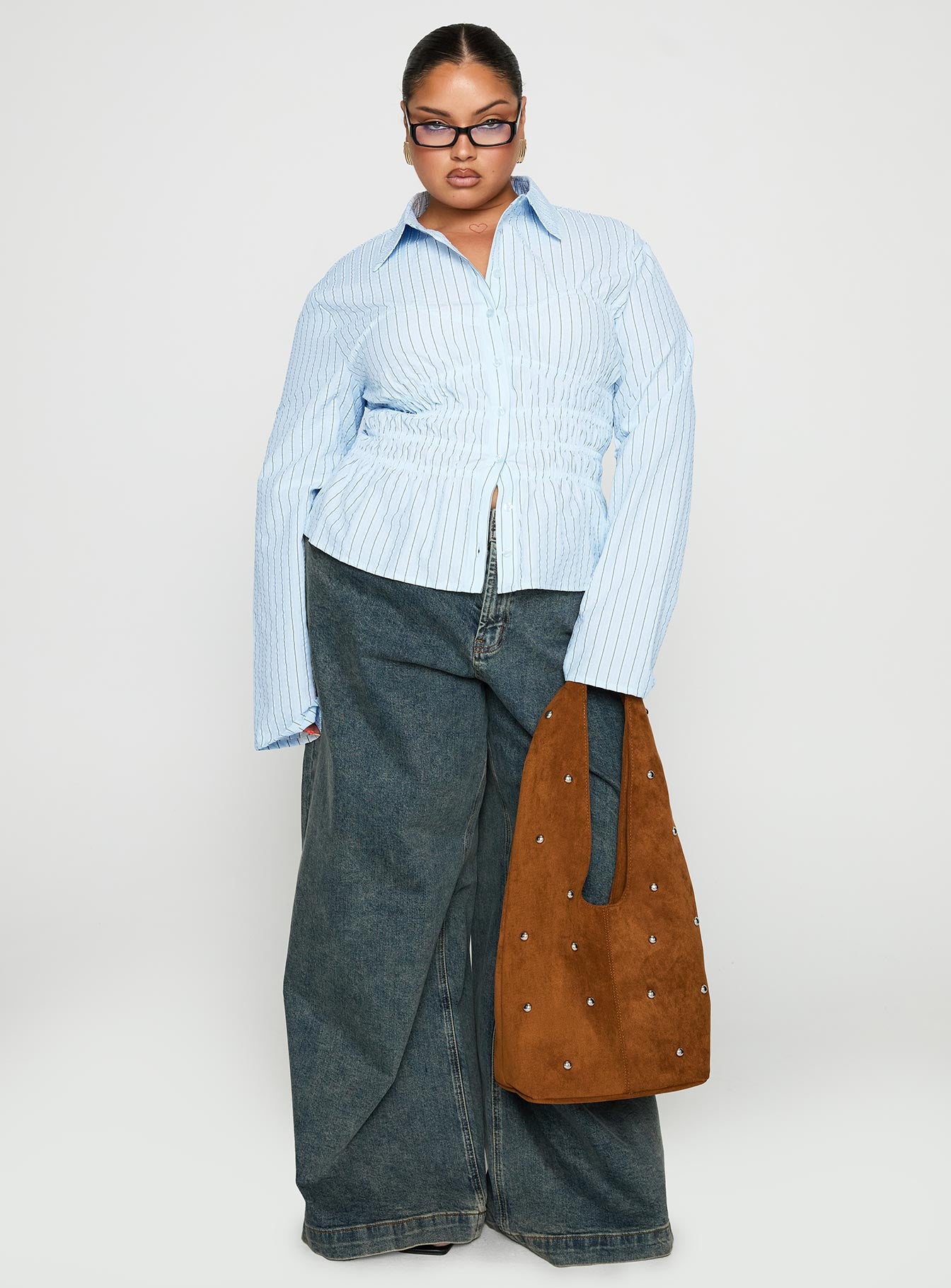 Liesel Shirred Long Sleeve Top Stripe Curve、mySite、solidvoid