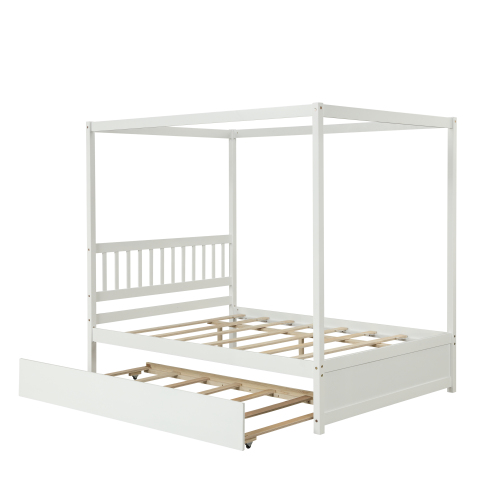 Full Size Canopy Bed with Twin Trundle, Kids Solid Wood Platform Bed Frame w/ Headboard, No Box Spring Needed Grey Color、、xpatfood