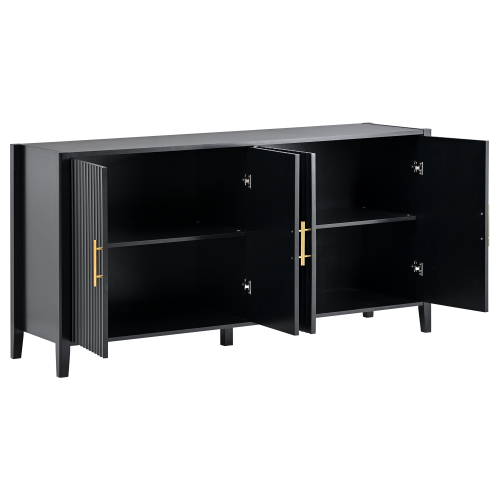 U_Style 63.1''Modern 4-Vertical Wavy Slatted Doors Sideboard,Storage Cabinet With Elegant Design, Solid Wood Legs with Painted,Metal Handles,for Dining Room,Living Room, Kitchen, or Entryway(Black)、、casual