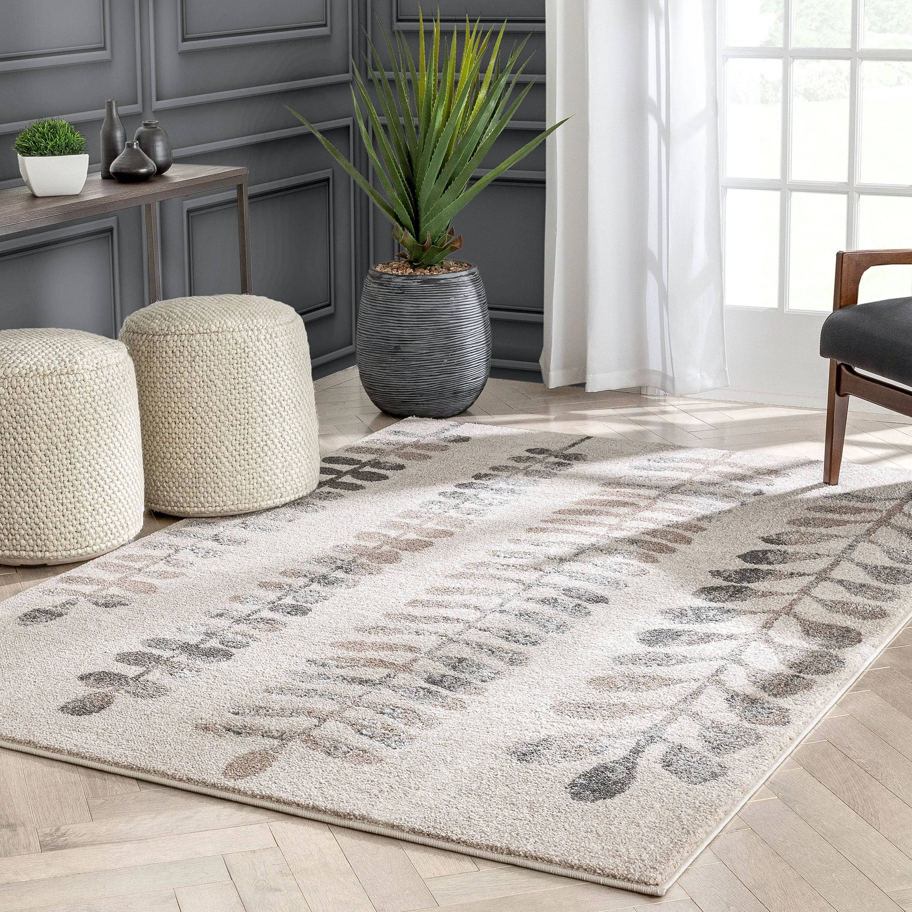 Myra Abstract Leaf Pattern Ivory Vintage Rug、mySite、gigharbornorthrealestate