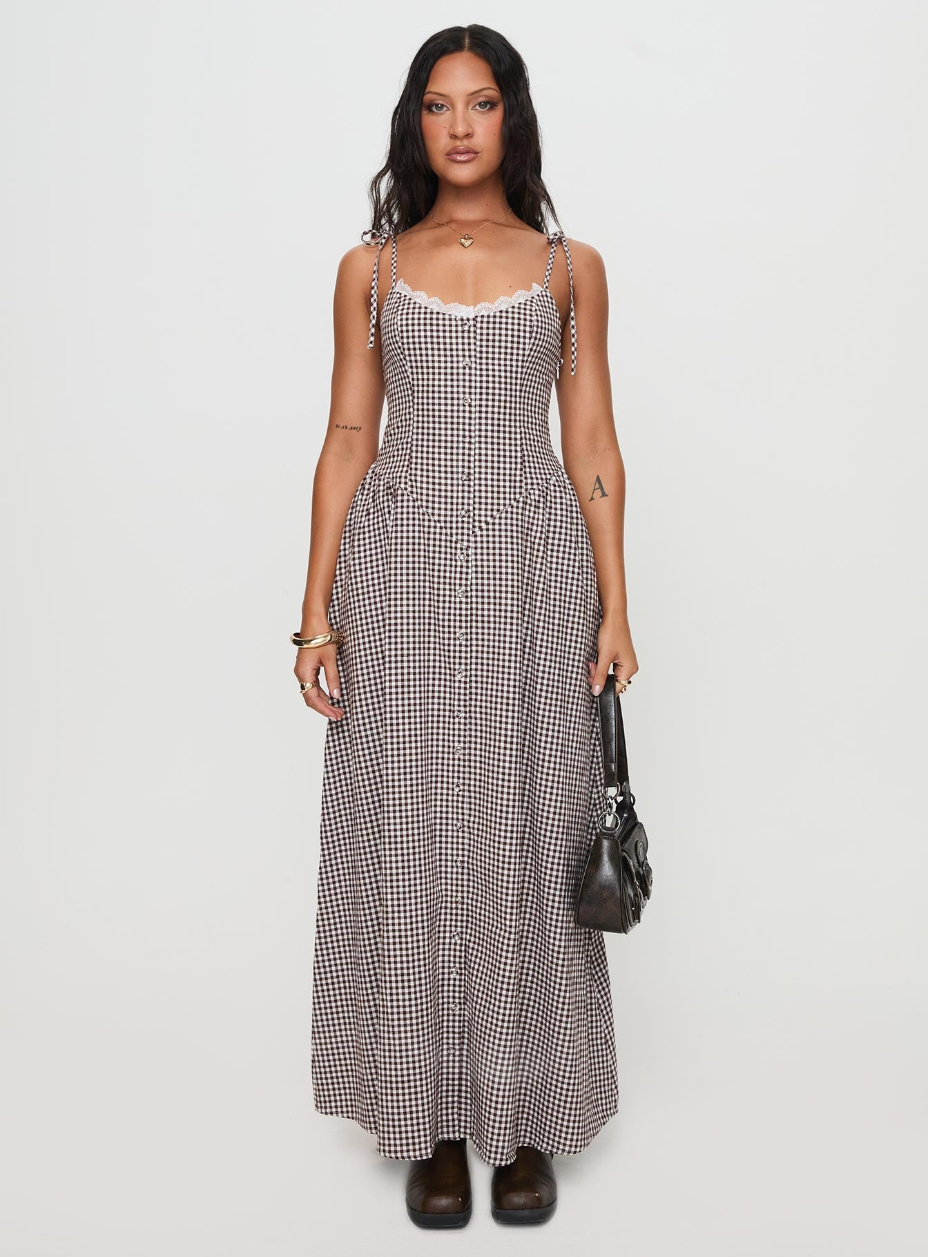 Dalanie Tie Strap Maxi Dress Brown Gingham、mySite、solidvoid