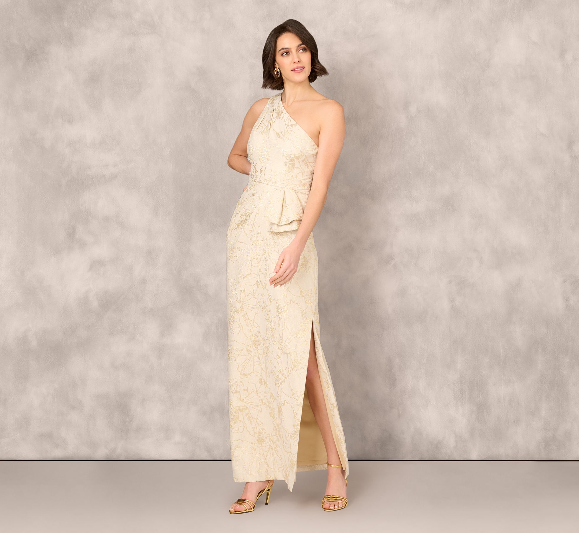 One Shoulder Metallic Stretch Jacquard Column Gown In Light Gold、mySite、solidvoid