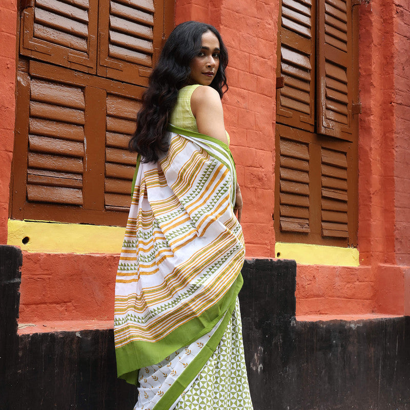 Cotton Saree | Hand Block Print | White & Green、mySite、camillekostekn