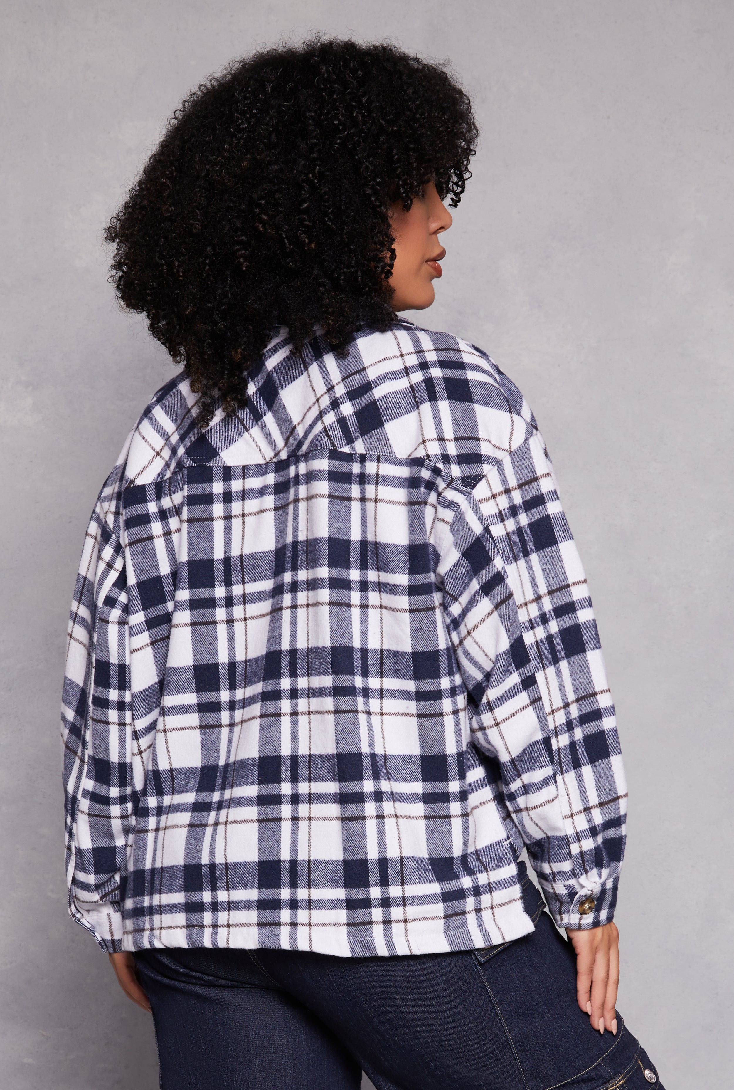 Plus Size Flannel Plaid Button Front Shacket、mySite、camillekostekn