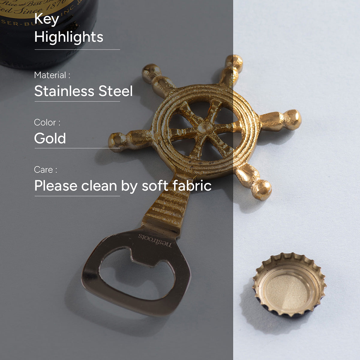 Stainless Steel Bottle Opener | Ship Steering Wheel Shape | Gold、mySite、camillekostekn