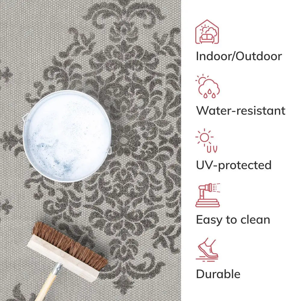 Arid Modern Medallion Persian Indoor/Outdoor Grey High-Low Rug、mySite、gigharbornorthrealestate