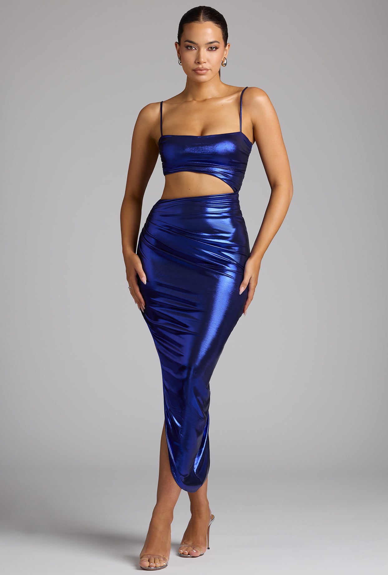 Draped Metallic Jersey Maxi Dress in Electric Blue、mySite、solidvoid