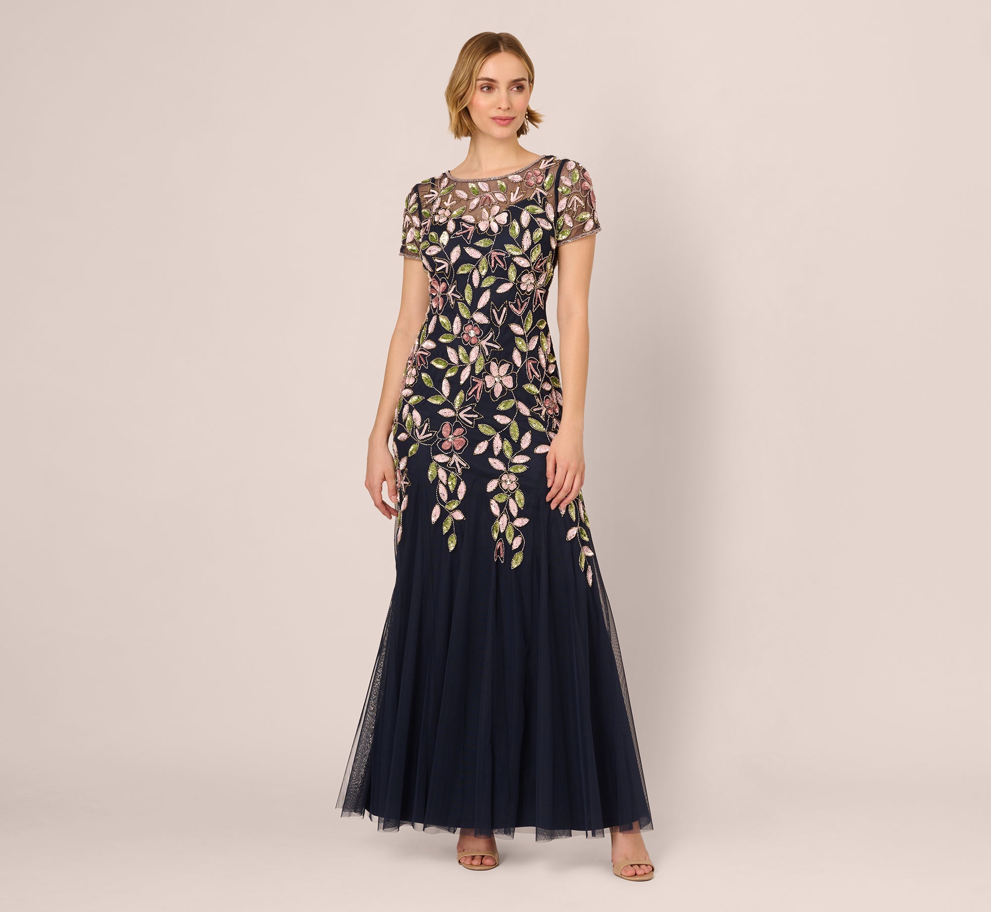 Short Sleeve Vine Beaded Godet Gown In Navy Multi、mySite、solidvoid