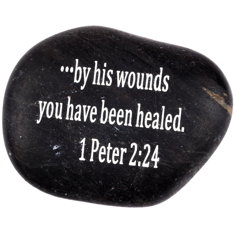  Holy Land Market Engraved Inspirational Scripture Biblical Black Stones Collection - Stone XIII : 1 Peter 2:24 : by his Wounds You Have Been Healed.、mySite、elrpsem3k