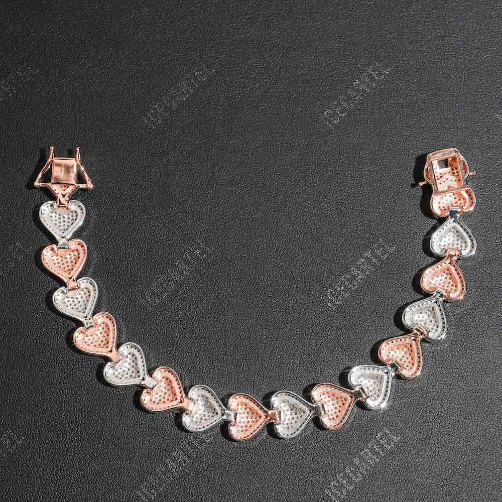 Two Tone Iced Out Baguette Heart Tennis Bracelet 14K Gold - 13MM、mySite、hinf8tx79