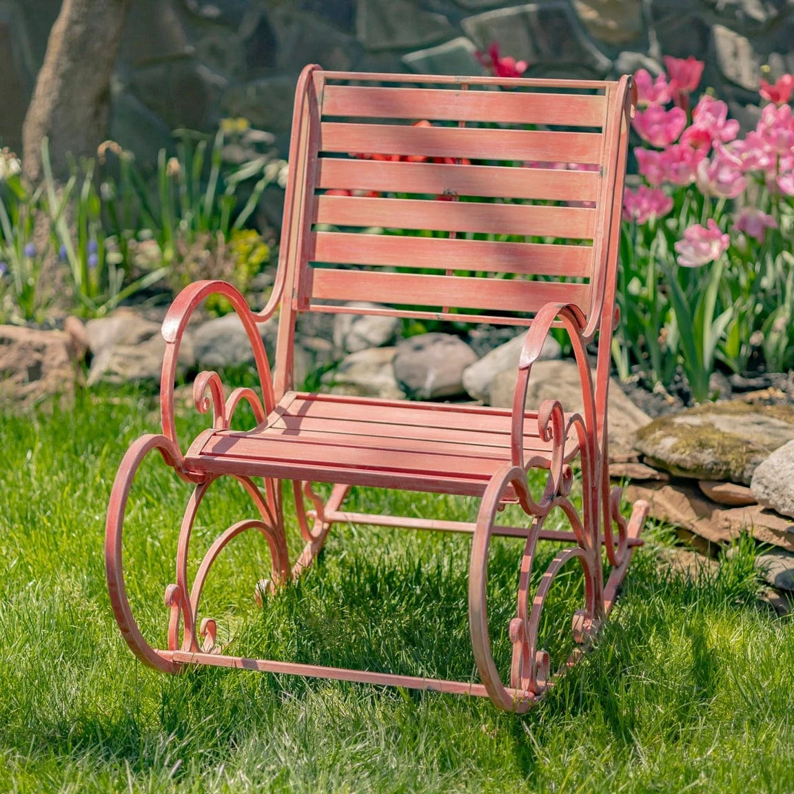 Iron Rocking Chair Outdoor Use Romantic Heart Design Flamingo Pink, White or Green、mySite、g9winljtr