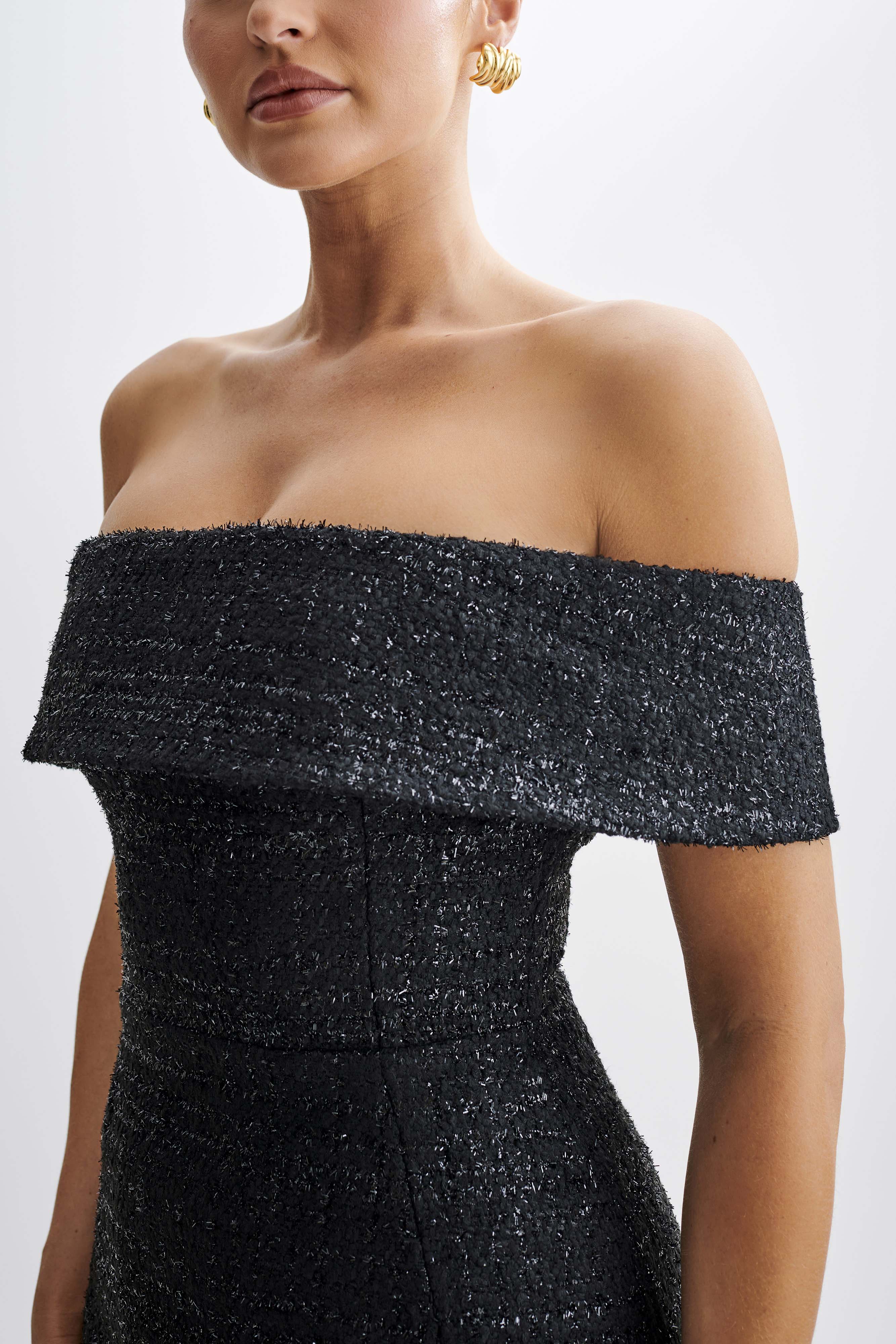 Helena Tweed Off Shoulder Mini Dress - Black、mySite、solidvoid