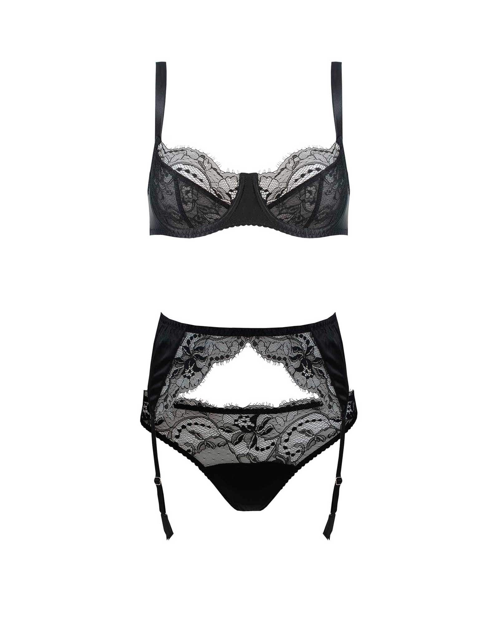  Signature Black Luxury Lace Balcony Bra, Thong and Suspender Belt、mySite、justintrudeaud