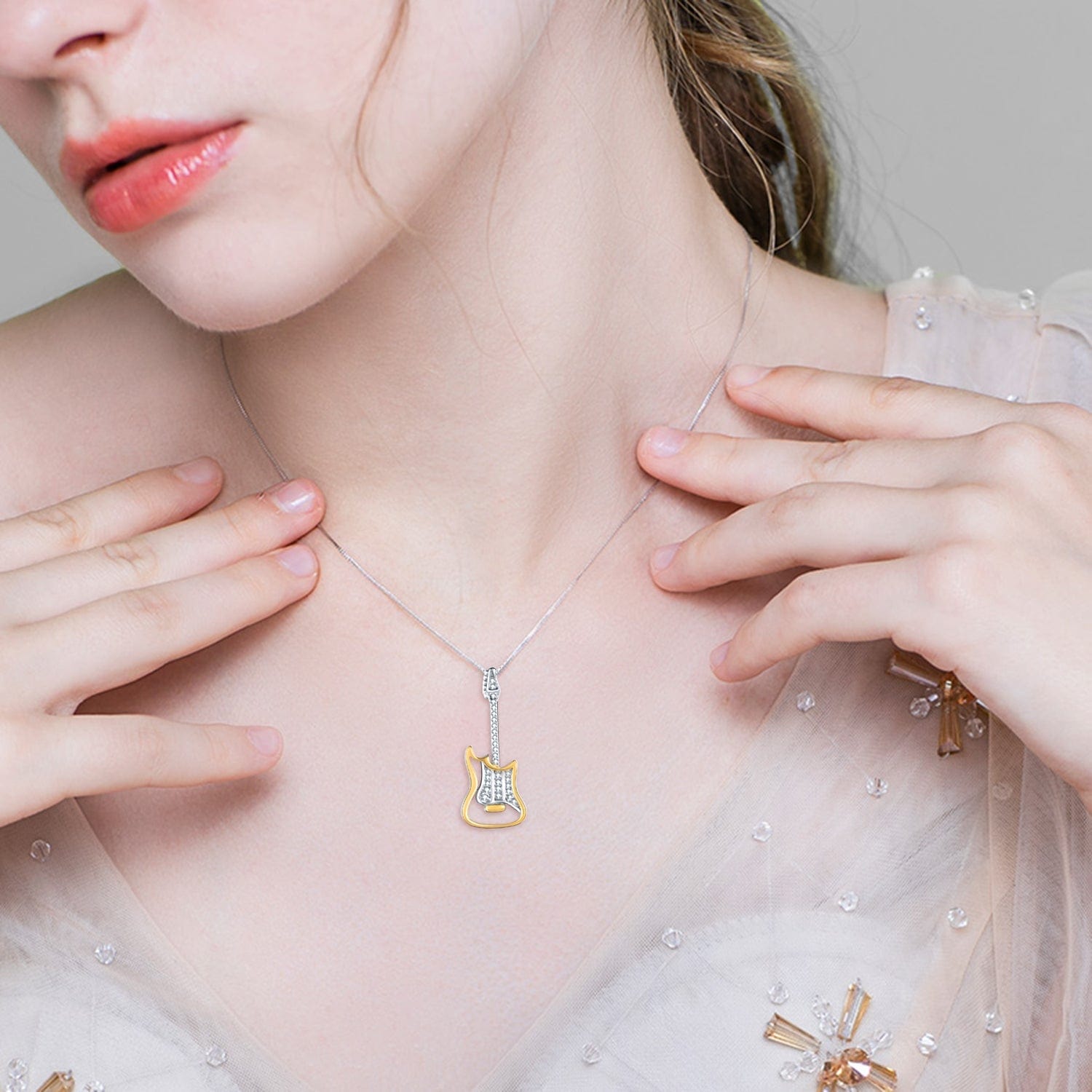 Guitar Necklace for the Rock and Rollers! 2-Tone Sterling Silver and 18k Gold Finish、mySite、g9winljtr
