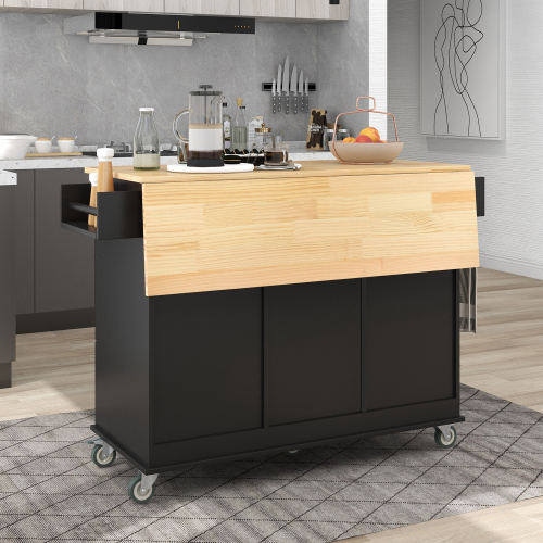 Rolling Mobile Kitchen Island with Solid Wood Top and Locking Wheels,52.7 Inch Width,Storage Cabinet and Drop Leaf Breakfast Bar,Spice Rack, Towel Rack & Drawer (Black)、、casual