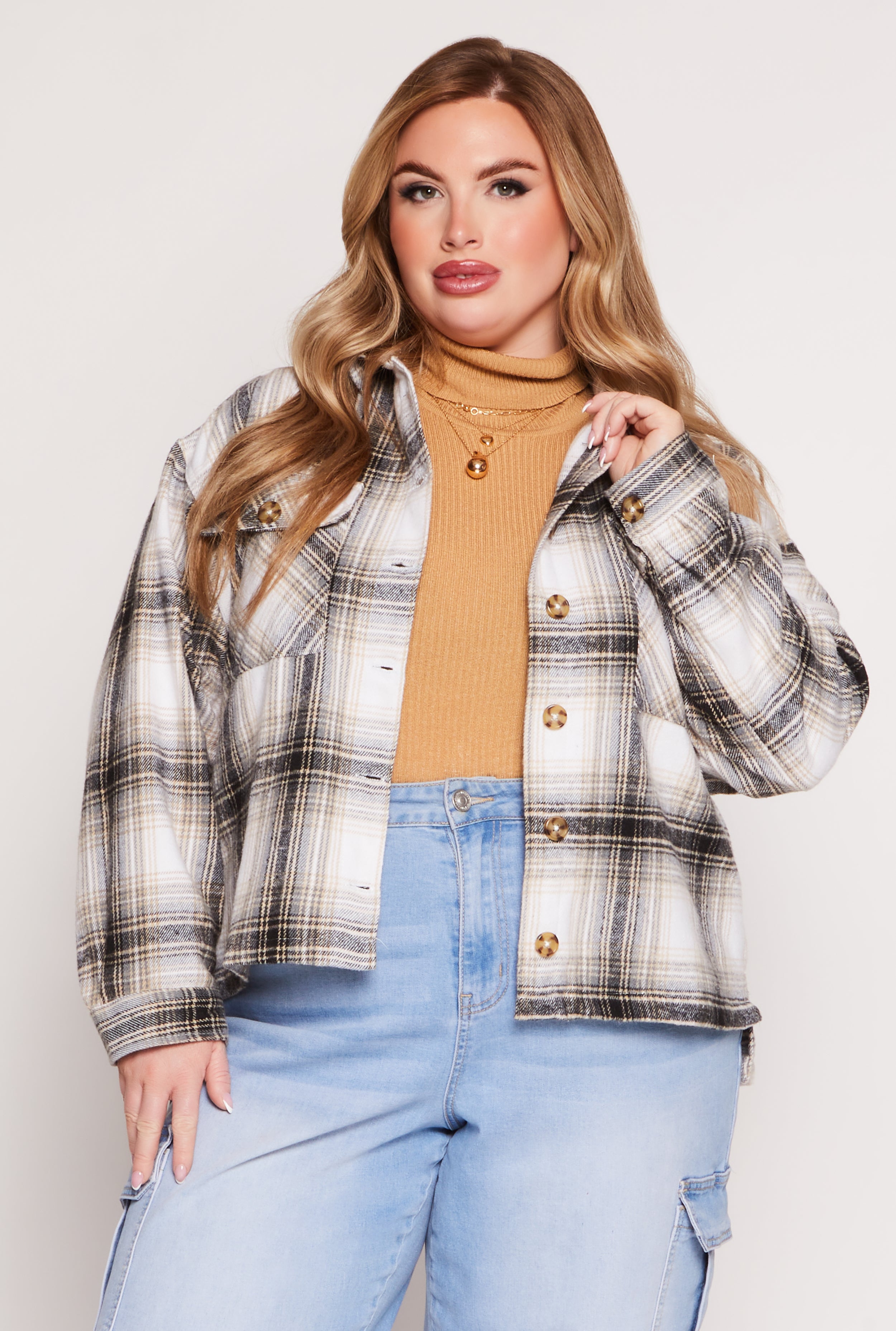 Plus Size Flannel Plaid Button Front Shacket、mySite、camillekostekn