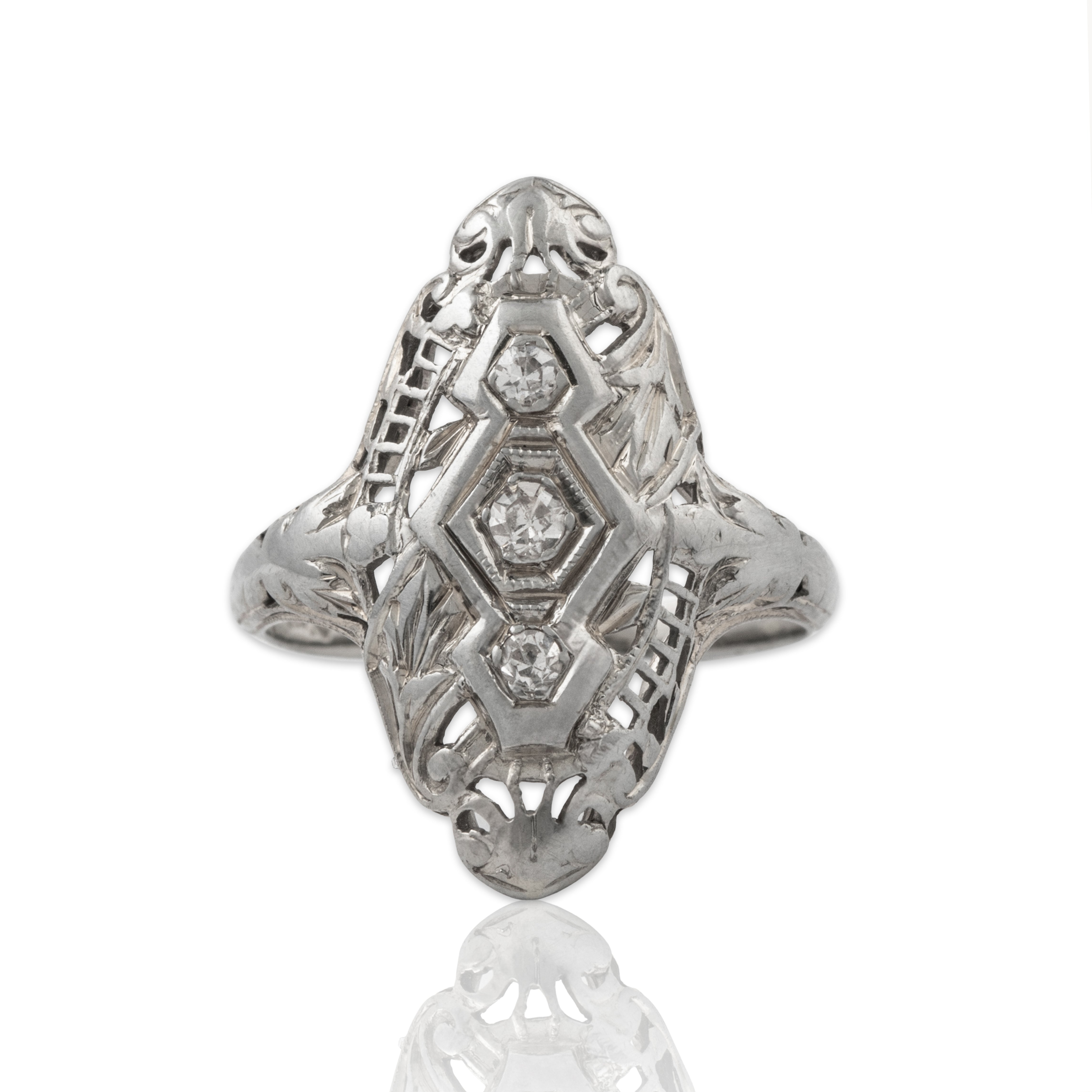 Antique Art Deco 18k White Gold Diamond Mixed Filigree Design Ring 3.75、mySite、hinf8tx79