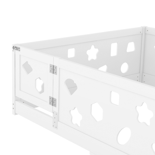 Twin Size Floor Bed with Heightened Safety Guardrails and Door, Solid Wood Bedframe with Rails for Girls, Boys, Teens, Child Bedroom, Kids Playroom, No Slats Included, White、、casual