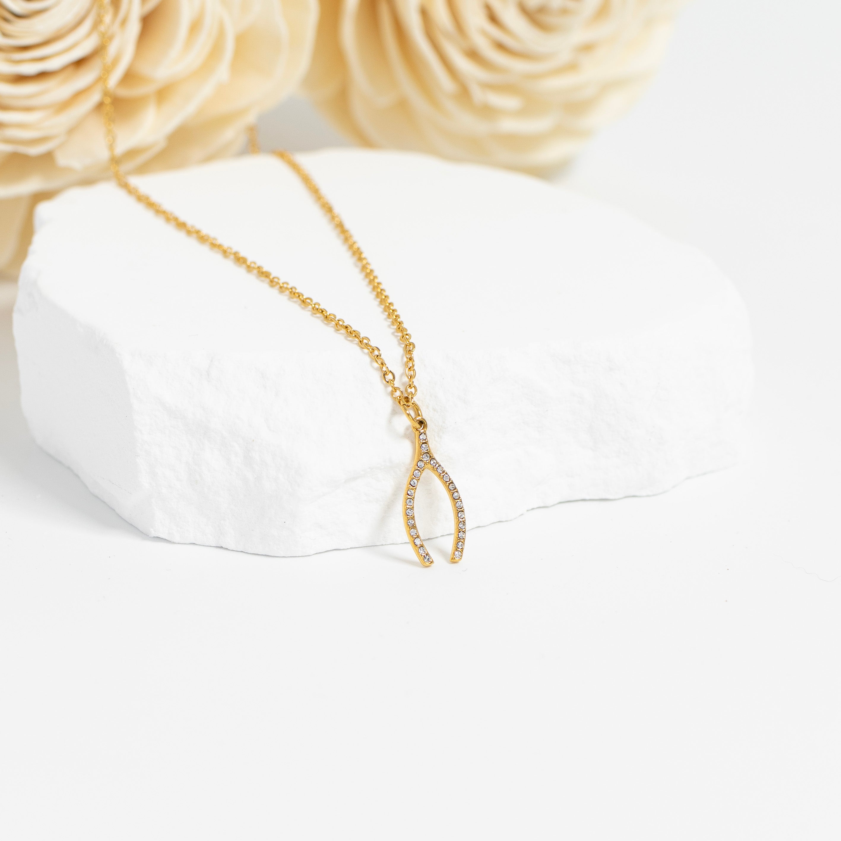 18K Gold PVD Stainless Steel Rhinestone Wishbone Charm / PDL0272、mySite、dreamappss