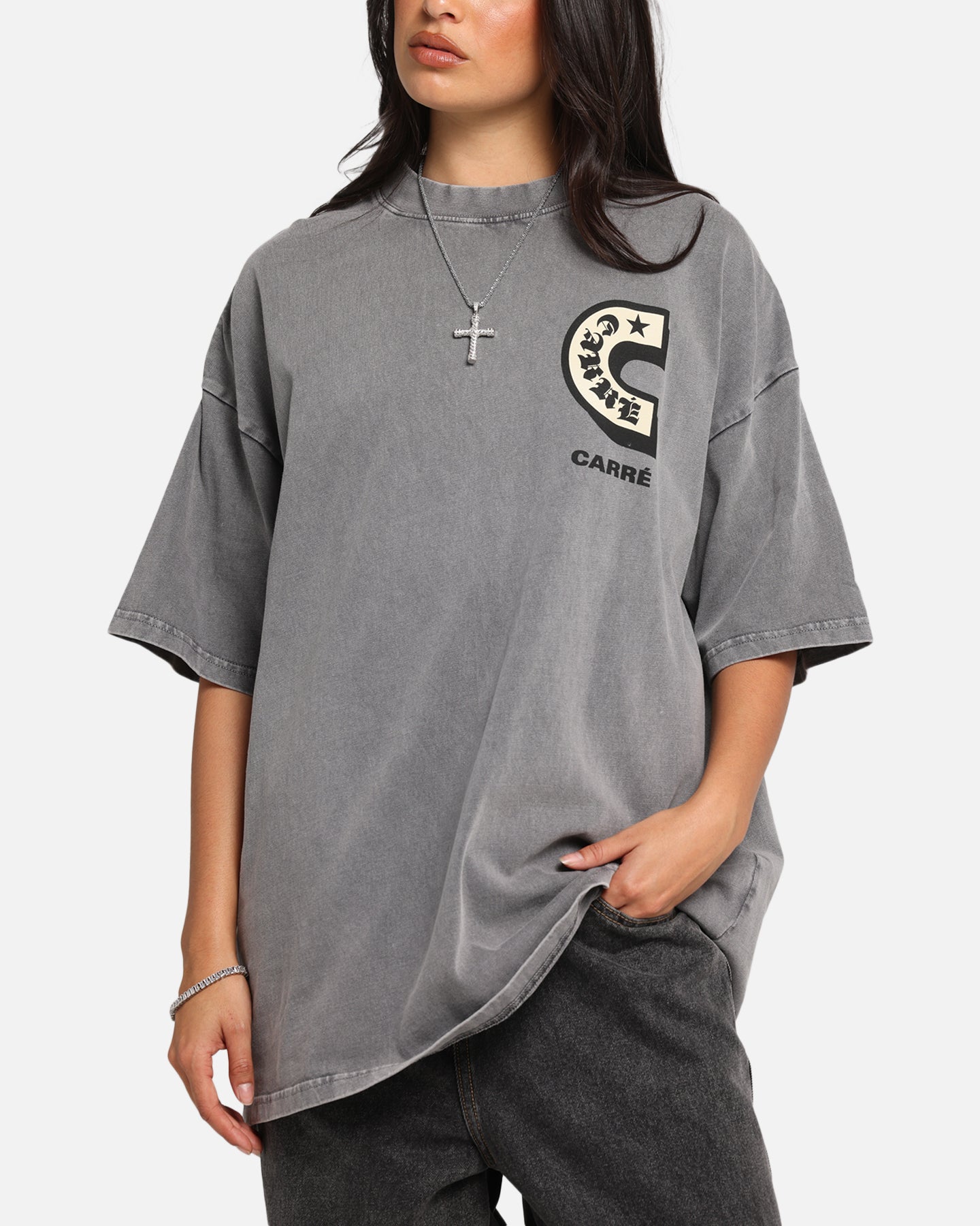 Carre Sacred Letter Mock Neck T-Shirt Washed Charcoal、mySite、zt4zffjzw