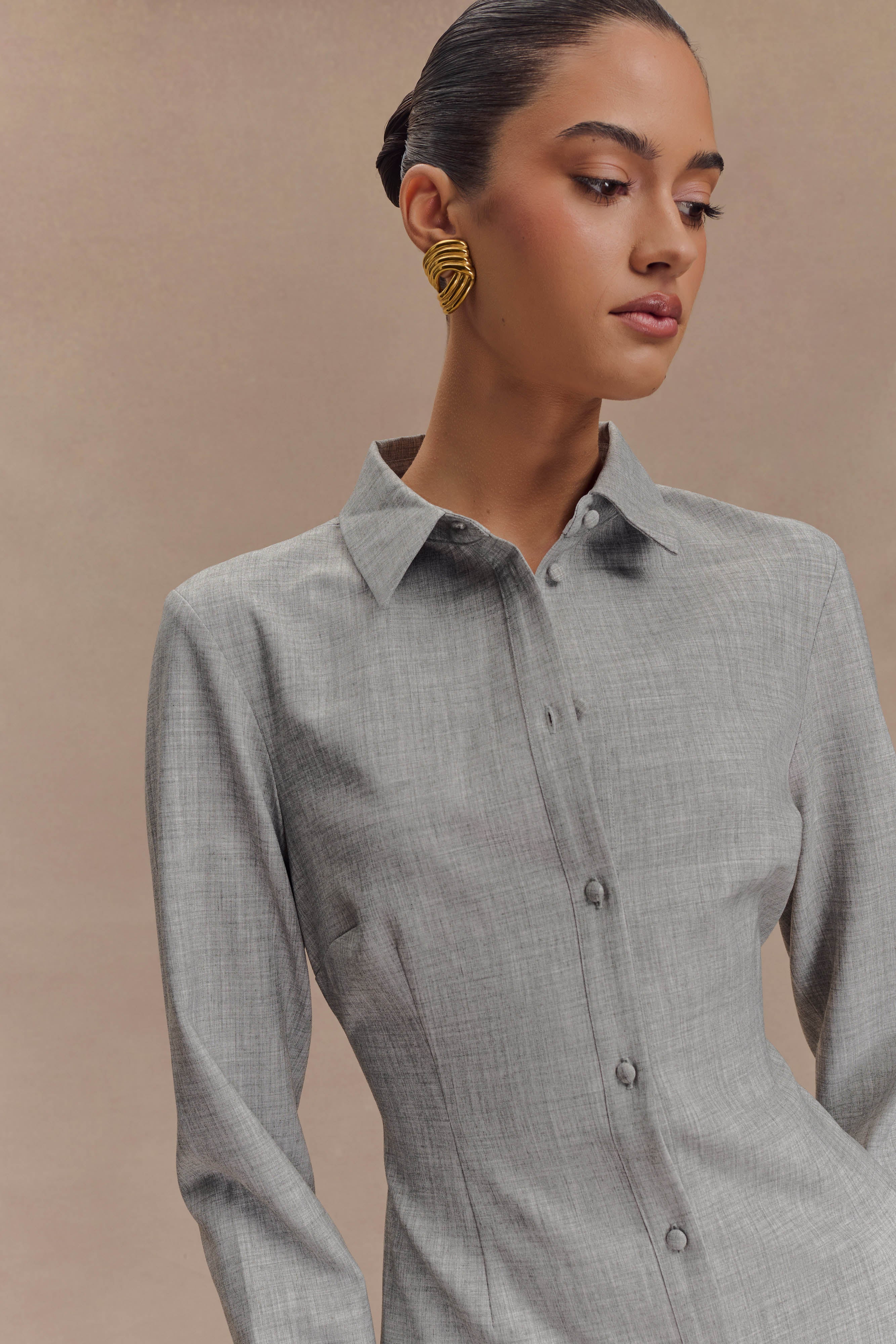 Dorian Fitted Shirt Mini Dress - Charcoal Marle、mySite、solidvoid