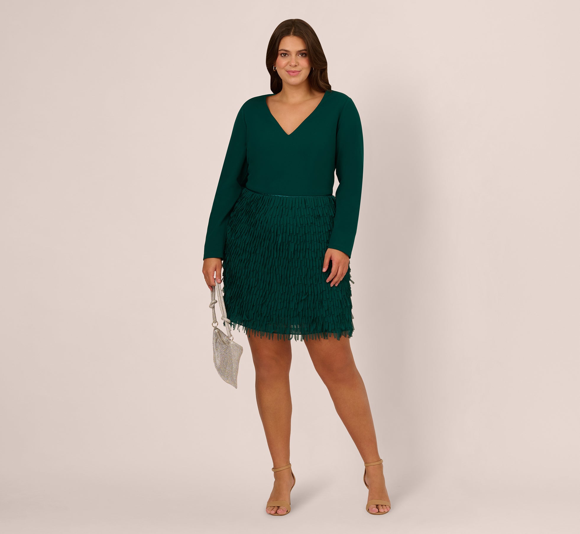 Plus Size Combo Fabric Fringe Mini Dress In Dark Ivy、mySite、solidvoid