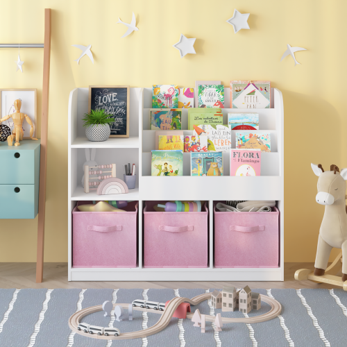 Kids Bookshelf and Toy Storage Organizer, Multifunctional 4 Tier Wooden Kids Book Shelf with Bookcase Display Stand in Kids Room Playroom Nursery for Kids, Children, Toddlers (White)、、casual