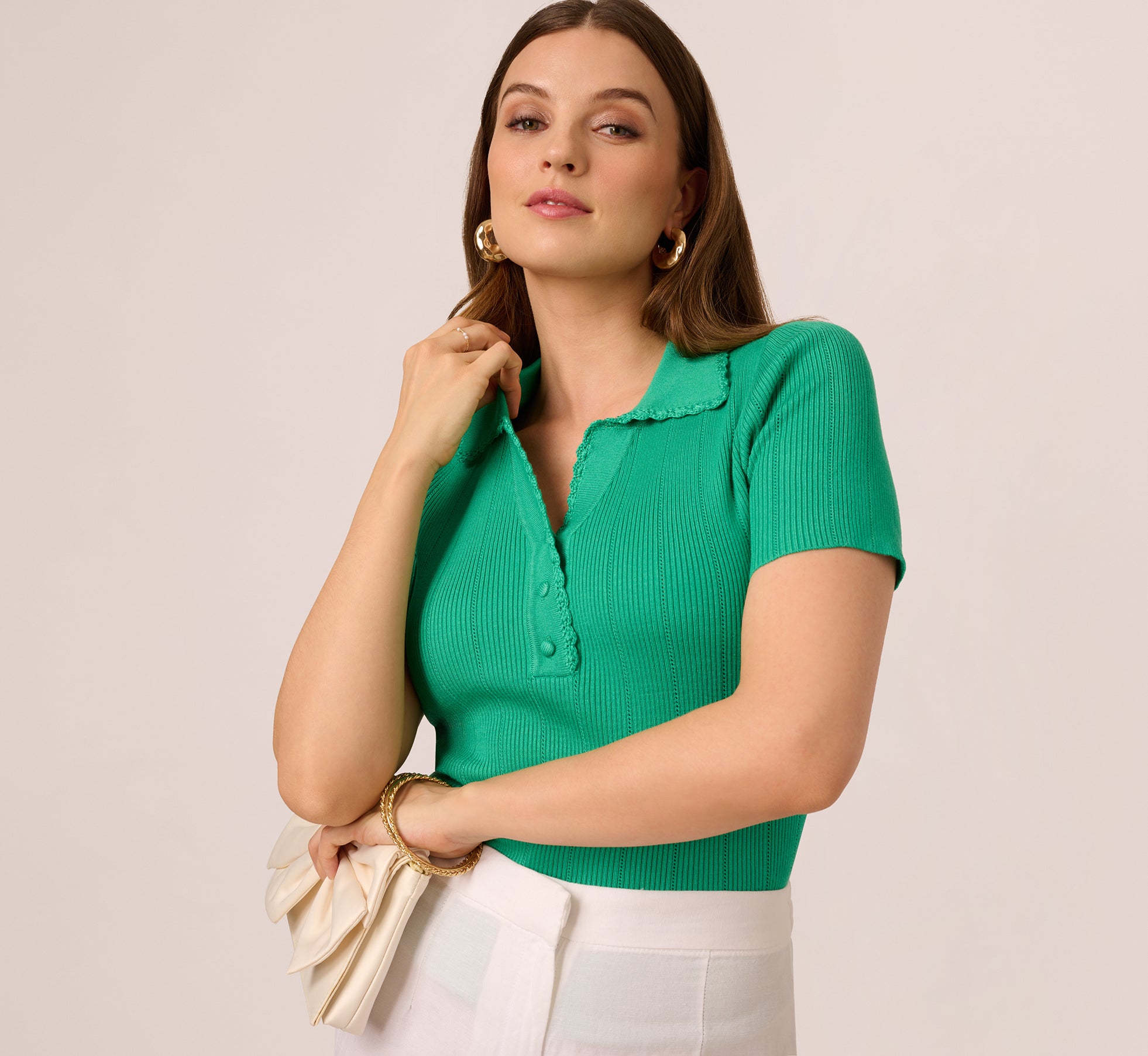 Short Sleeve Ribbed Pointelle Polo Top In Simply Green、mySite、solidvoid