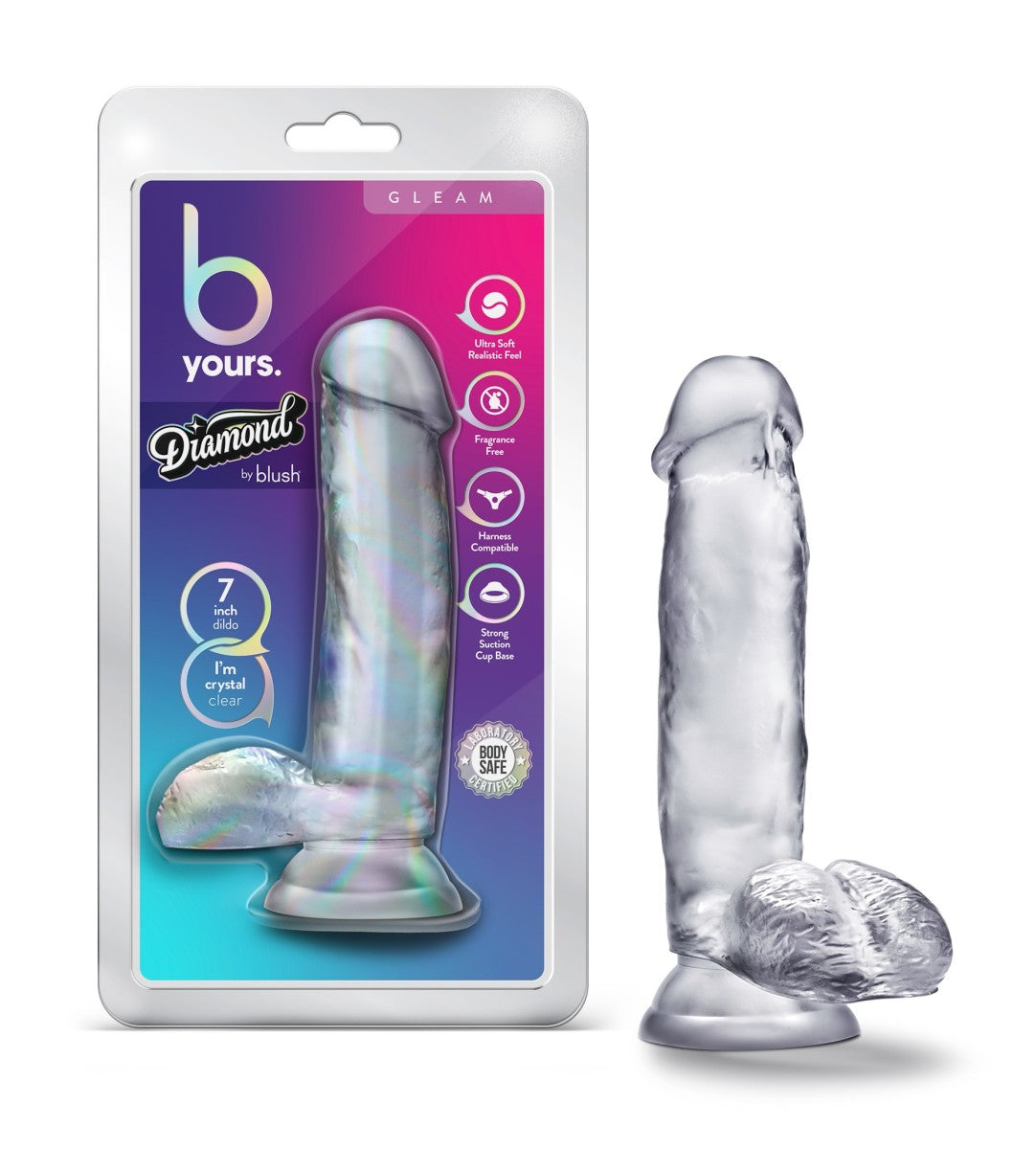 B Yours Diamond By Blush® | Gleam Realistic Clear 7-Inch Long Dildo With Balls & Suction Cup Base、mySite、bottomscart