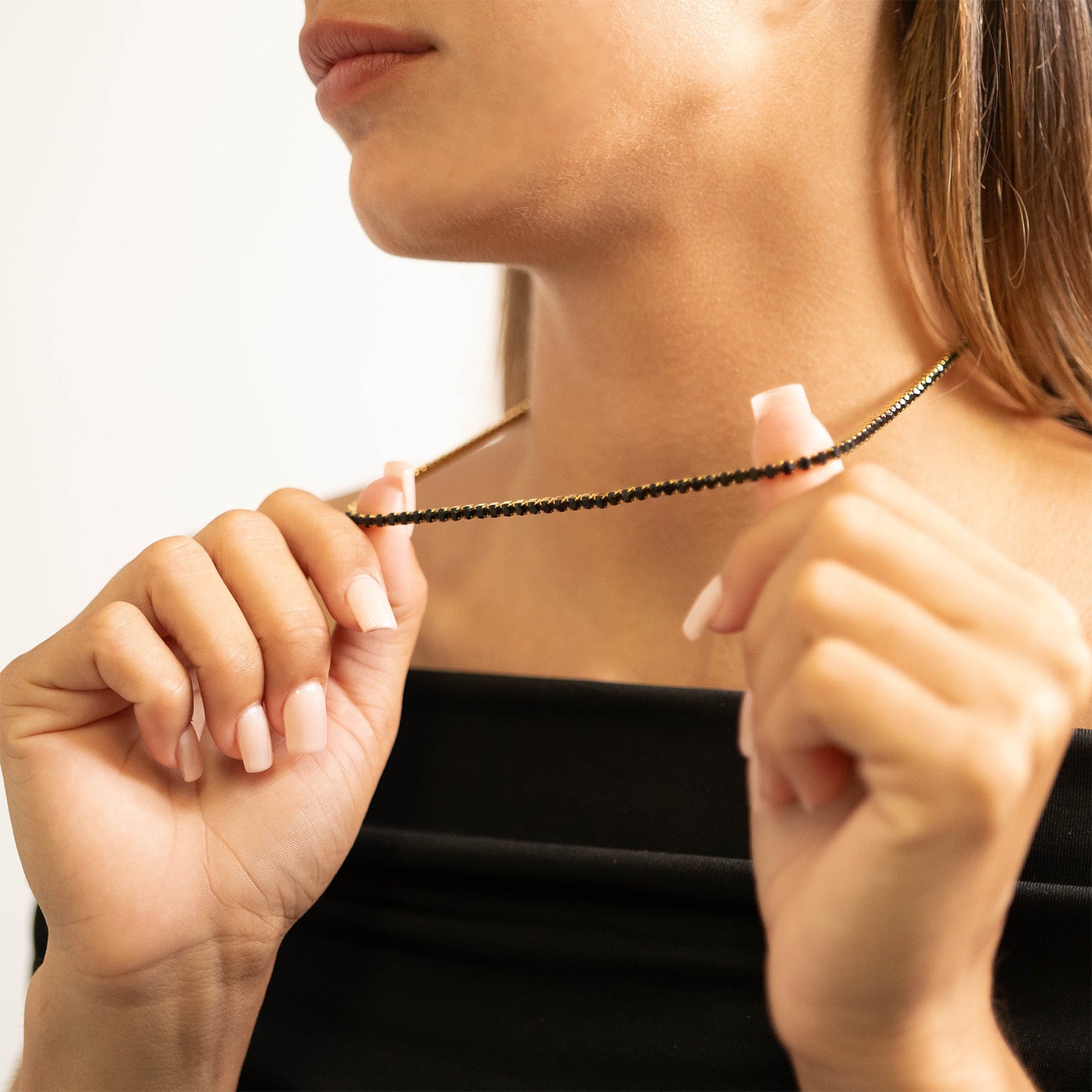 18K Gold PVD Stainless Steel Jet Rhinestone Tennis Chain Necklace With 2 Extension / TNN0004、mySite、dreamappss