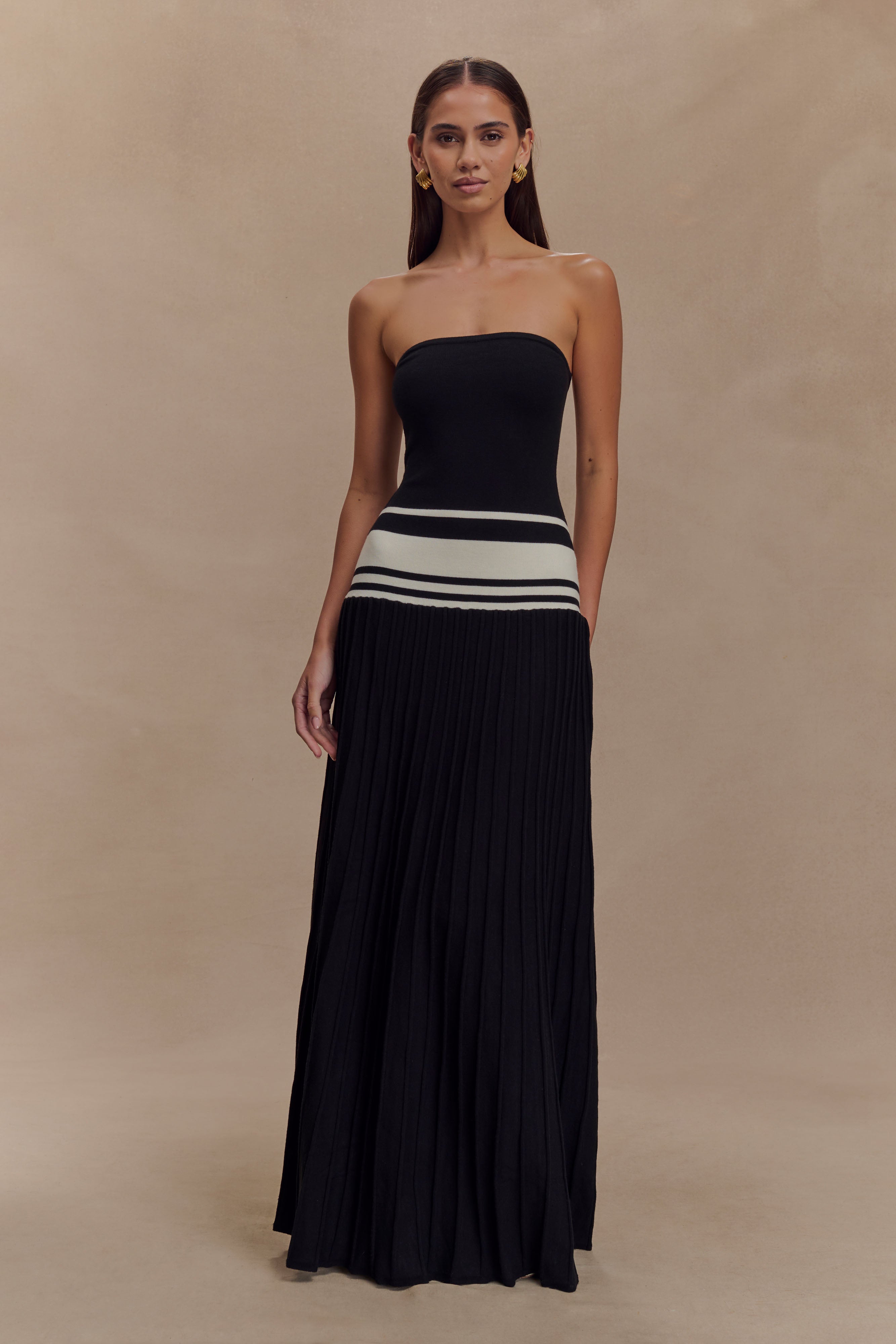 Solaris Strapless Contrast Knit Maxi Dress - Black/White、mySite、solidvoid