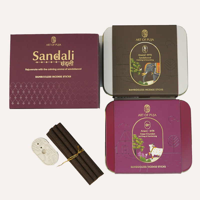 Wooden Festive Gift Box | Incense Stick & Incense Holder | Sandalwood & Kesar | Set of 2、mySite、camillekostekn