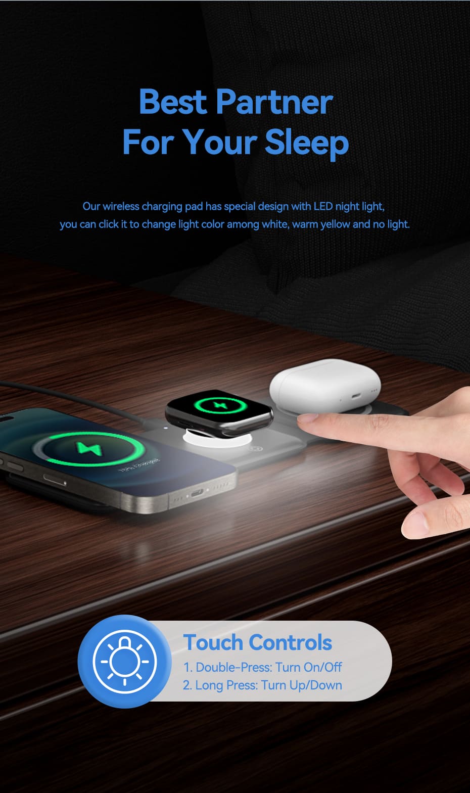 3-in-1 Wireless Charging Pad with MagSafe and LED Night Light