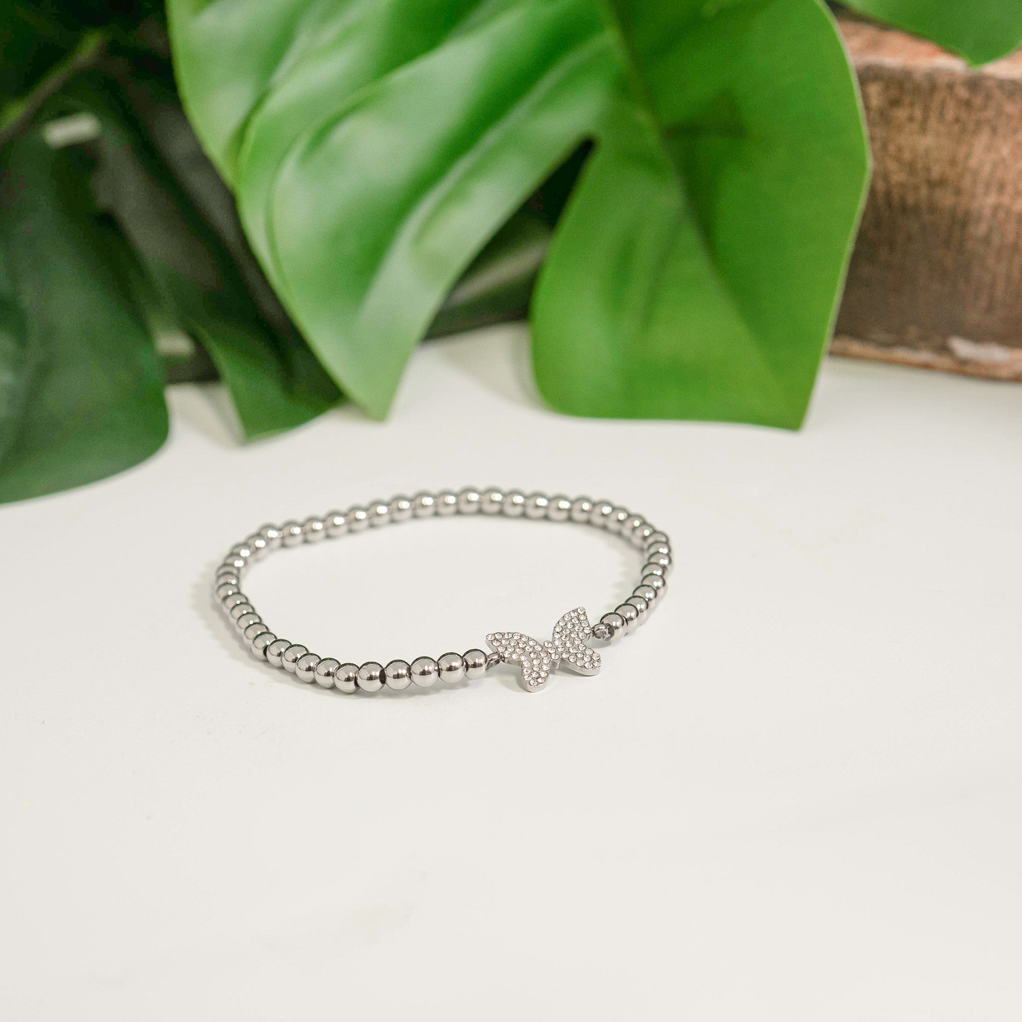 18K Gold PVD Stainless Steel Stone Butterfly Metal Beaded Stretch Bracelet / BRJ1021、mySite、dreamappss