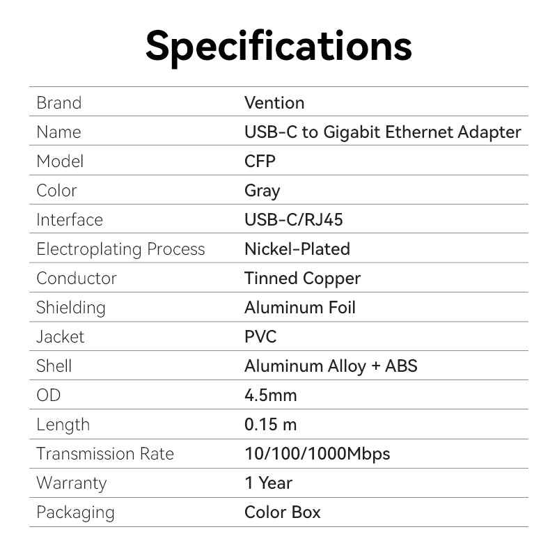 Vention USB-C to Gigabit Ethernet Adapter 0.15M Gray Aluminum Alloy Type、mySite、fannypackpong