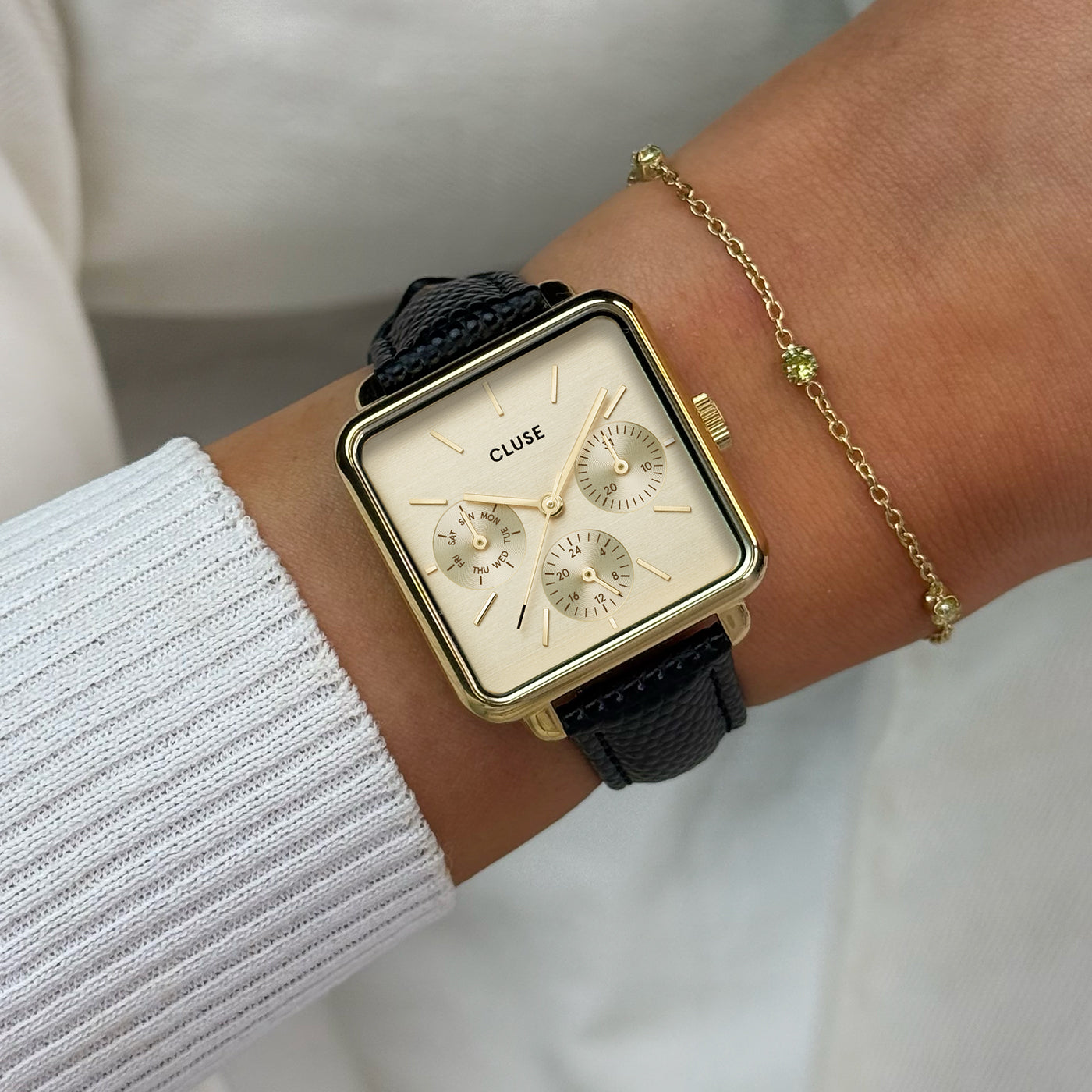 La Tétragone Multifunction Watch Leather, Black Lizard, Gold Colour、mySite、botmansion