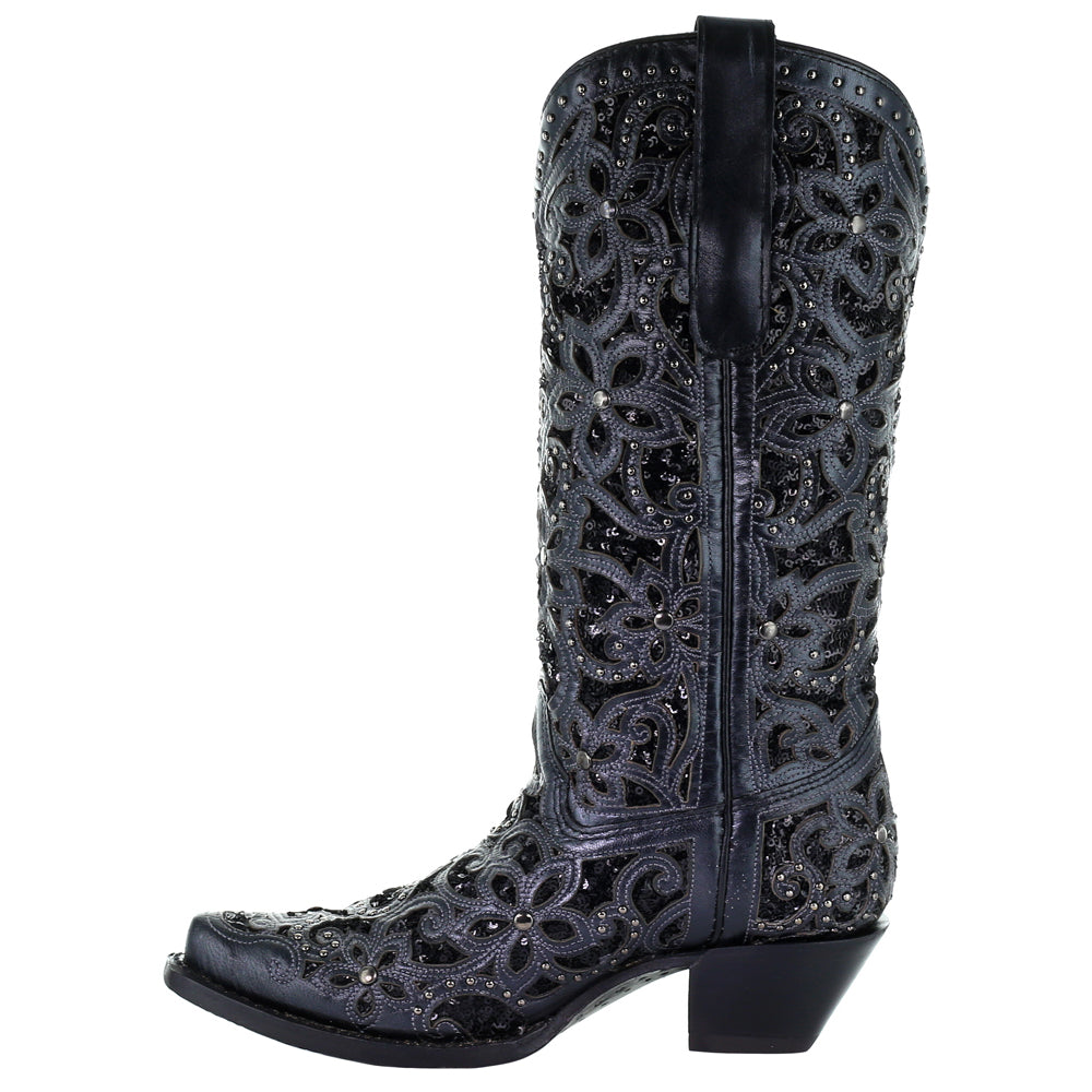 Floral Studded Rhinestones Sequins Tooled Inlay Snip Toe Cowboy Boots、mySite、gtrtttuynbv