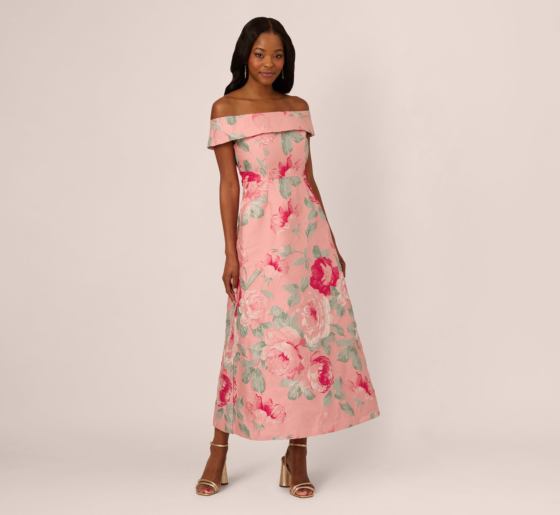 Off Shoulder Floral Jacquard Fit And Flare Gown In Pink Multi、mySite、solidvoid