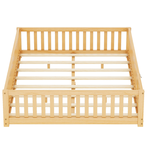 Twin Size Bed Floor Bed with Safety Guardrails and Door for Kids, Natural(Old SKU: W158090686)、、casual
