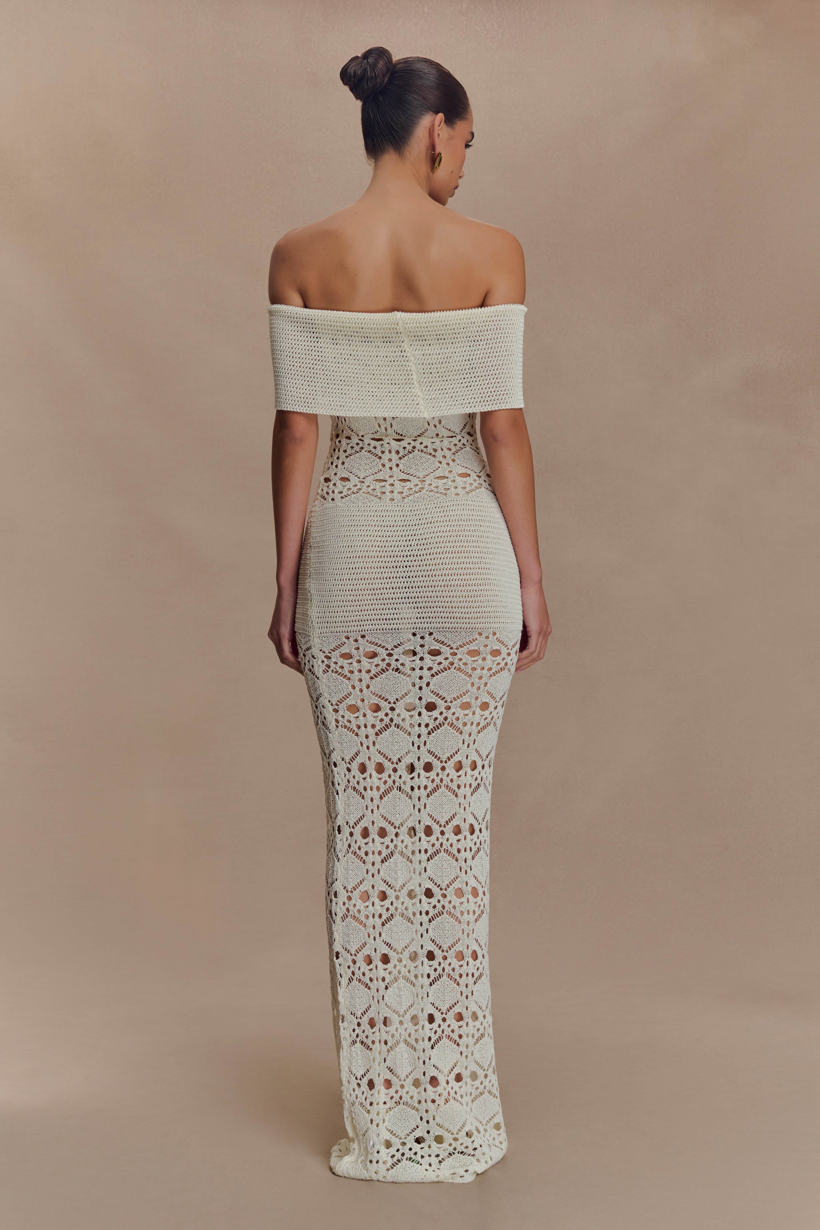 Solstice Off Shoulder Crochet Knit Maxi Dress - Ivory、mySite、solidvoid