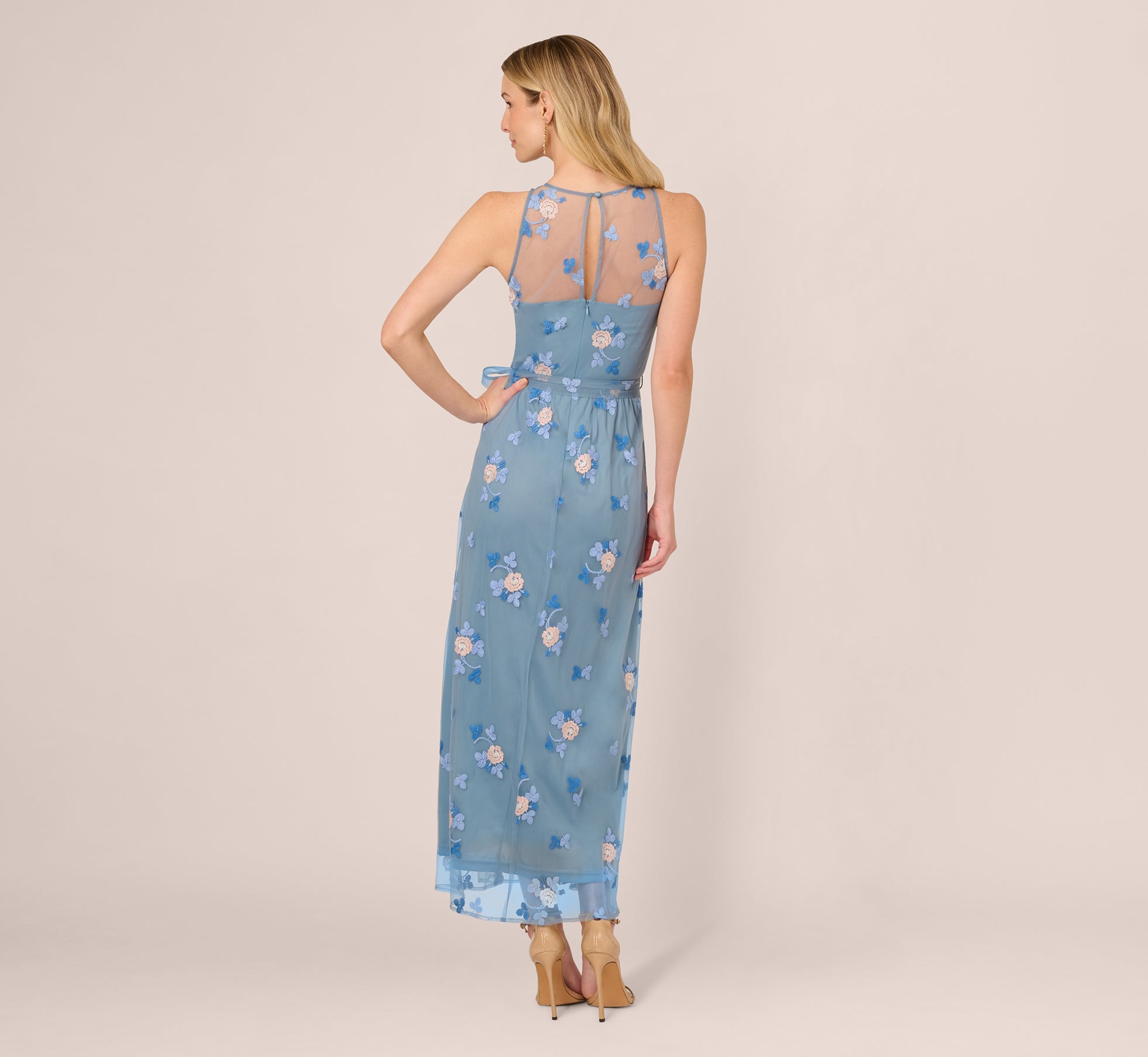 Sleeveless Illusion Embroidered Maxi Dress In French Blue Multi、mySite、solidvoid