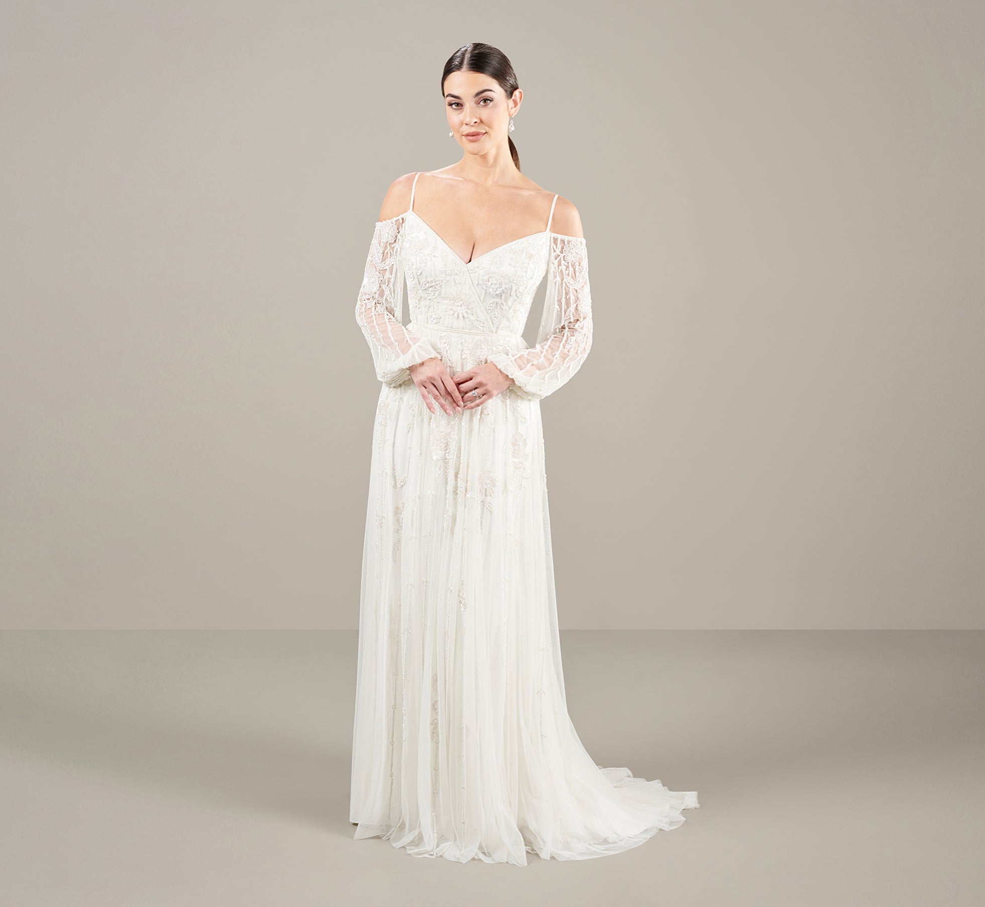 All Over Beaded Cold Shoulder Gown In Ivory、mySite、solidvoid