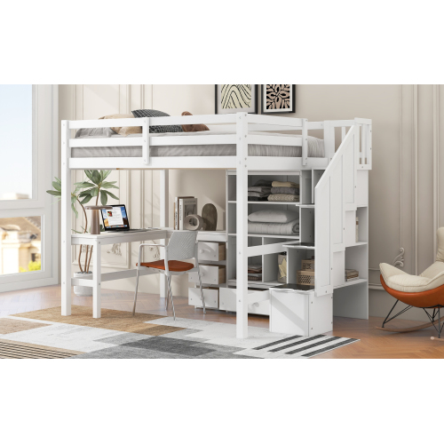 Twin Size Loft Bed with L-Shaped Desk and Drawers, Cabinet and Storage Staircase, White、、casual